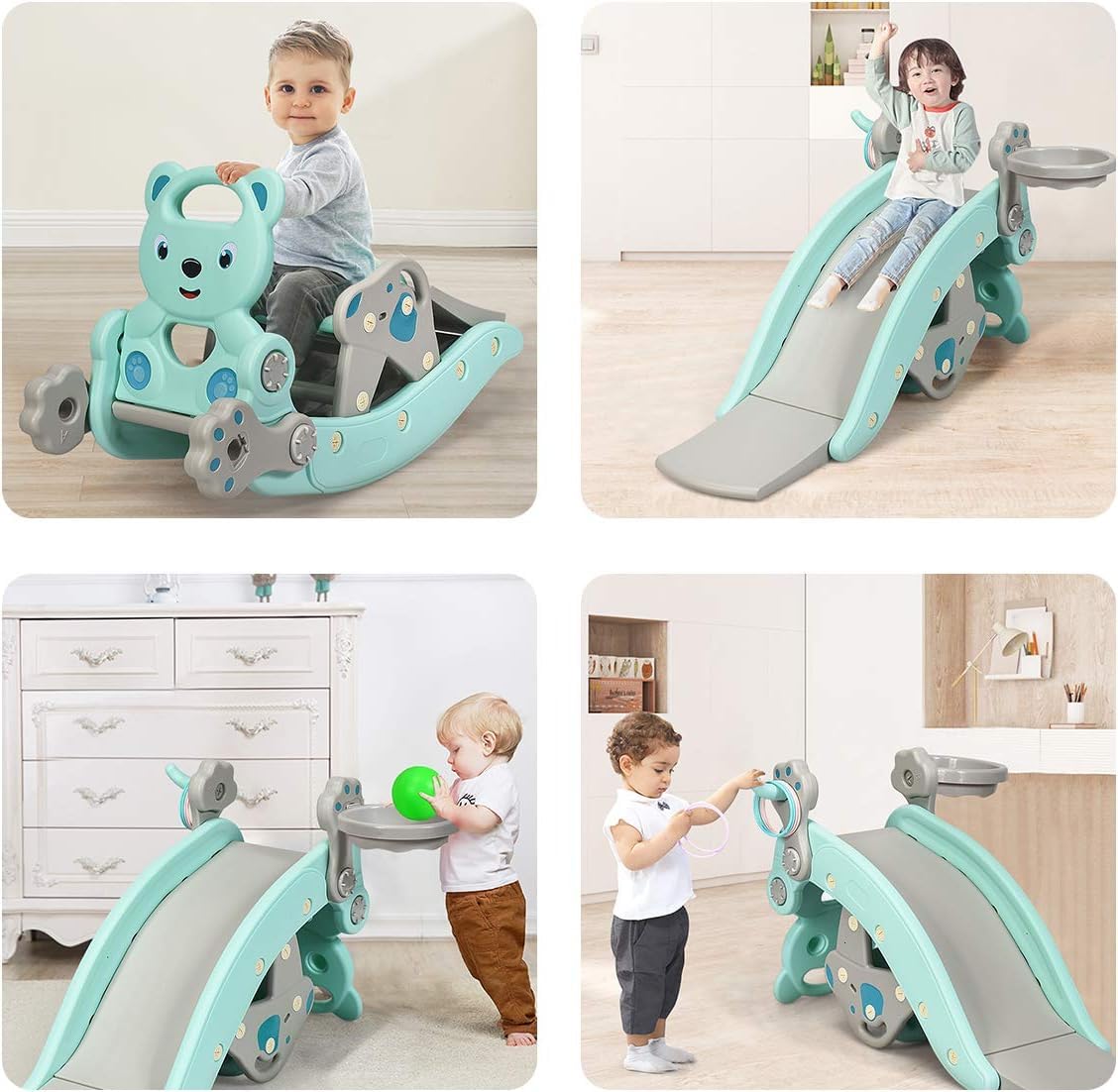 HONEY JOY 4-in-1 Kids Rocking Horse, Portable Toddler Ride On Rocking Toy with Slide