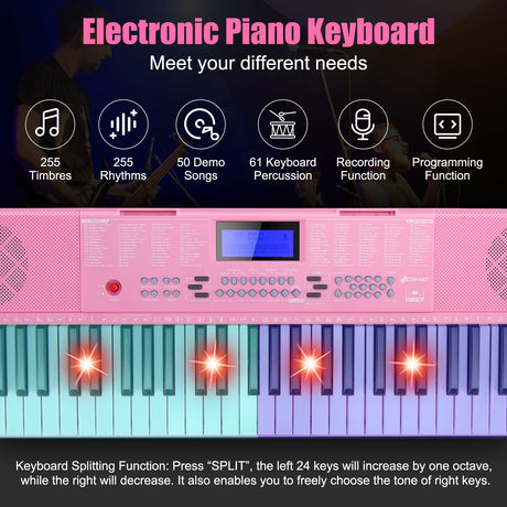 HONEY JOY 61 Key Piano Keyboard, Portable Electronic Keyboard Piano with Lighted Keys, LCD Screen (Pink)