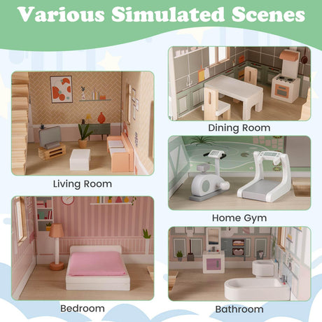 HONEY JOY Kids Wooden Dollhouse, 3 Level Doll House Playset