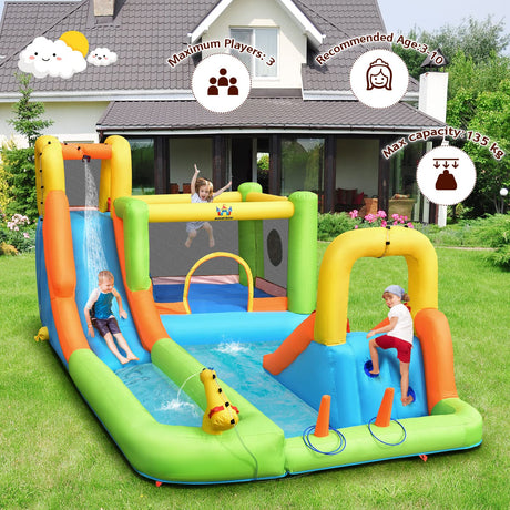 HONEY JOY 8 in 1 Inflatable Water Slide, Water Park w/Double Slides, Basketball Hoop, Water Gun