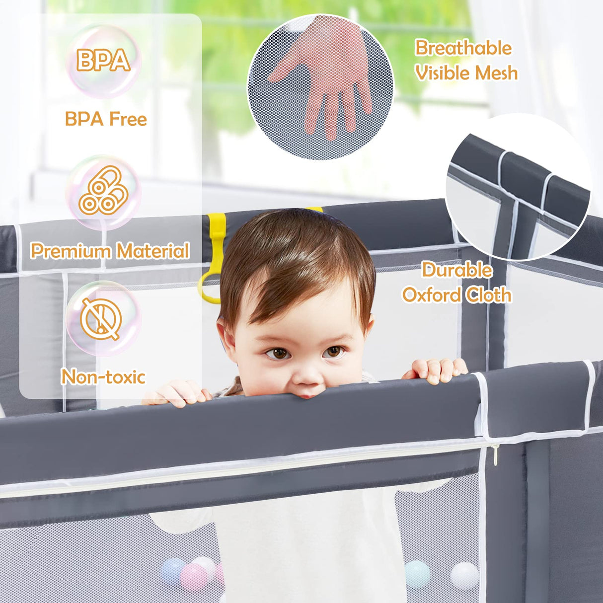 BABY JOY Baby Playpen for Toddler, 206 x 185.5 x 68 cm Large Safety Play Yard with 50 Ocean Balls, 4 Pull Rings