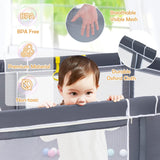 BABY JOY Baby Playpen for Toddler, 206 x 185.5 x 68 cm Large Safety Play Yard with 50 Ocean Balls, 4 Pull Rings