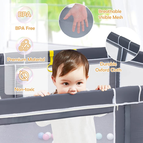 BABY JOY Baby Playpen for Toddler, 206 x 185.5 x 68 cm Large Safety Play Yard with 50 Ocean Balls, 4 Pull Rings