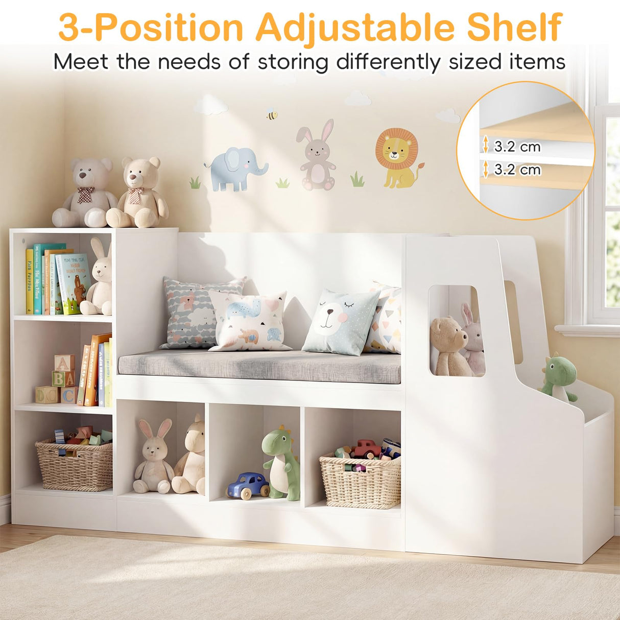 HONEY JOY Car-Shaped Kids Bookshelf with Reading Nook, Kids Bookcase