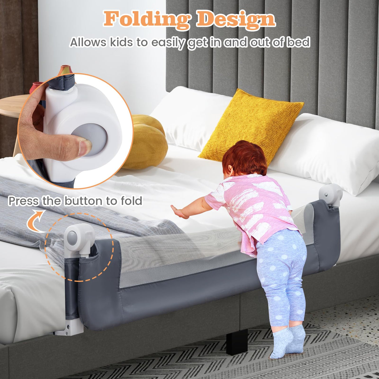 BABY JOY 120 cm Bed Rail Guard for Toddlers, Universal Baby Fold Down Bed Rail w/Adjustable Safety Strap & Breathable Mesh
