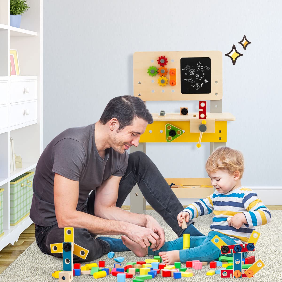 HONEY JOY Kids Wooden Tool Workbench Toy, Pretend Play Workbench Set for Children w/Blackboard
