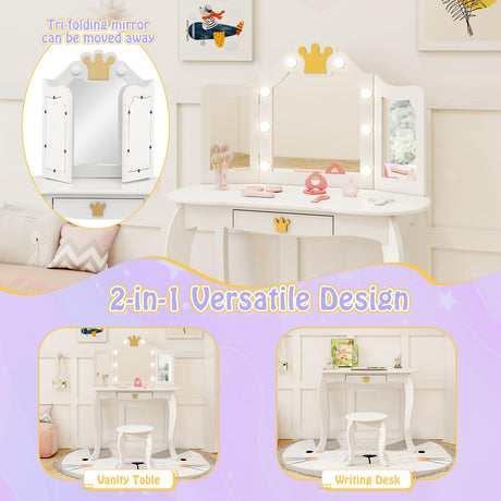 HONEY JOY Kids Vanity Set with 3-Color Adjustable Lighted Mirror