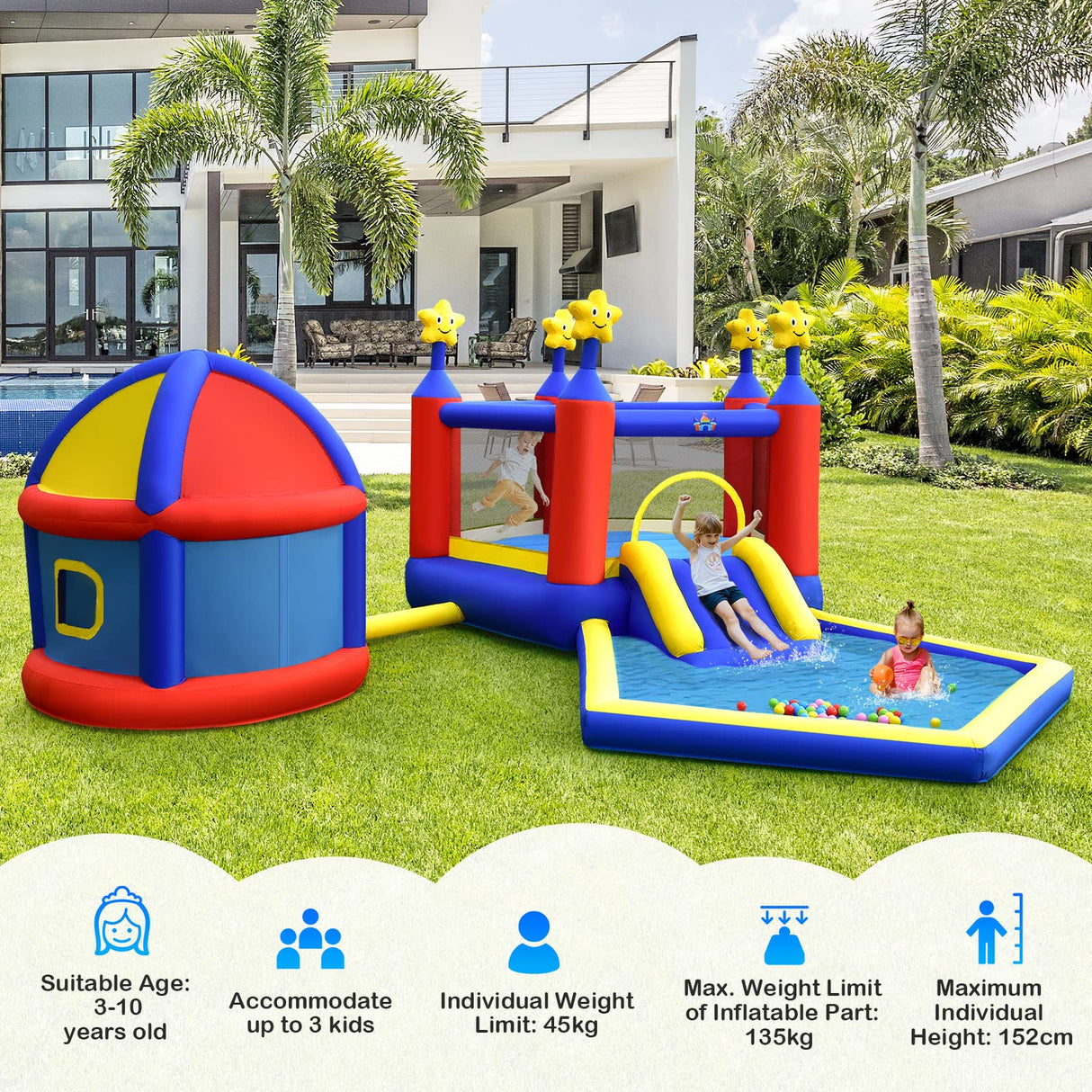 HONEY JOY Inflatable Bounce House with Playhouse, 5-in-1 Star Themed Bouncy Castle w/Double Basketball Hoops