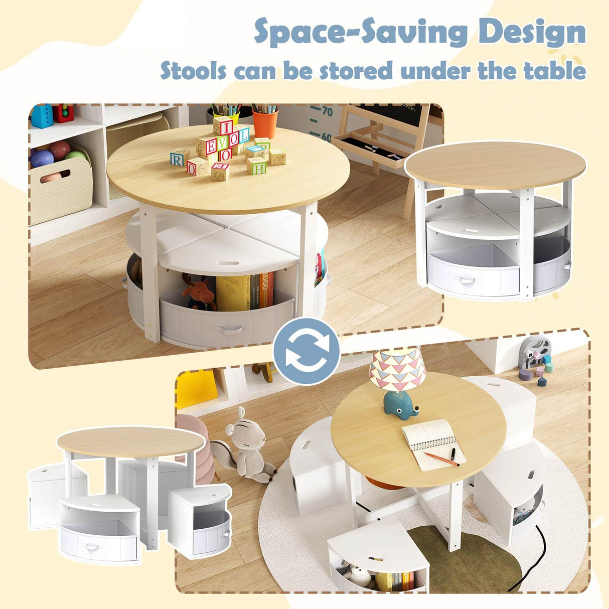 HONEY JOY Kids Table and Chair Set, 5 Piece Toddler Round Nesting Table with 4 Storage Stools for Activity