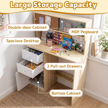 HONEY JOY Kids Desk and Chair Set w/2 Cabinets & 2 Drawers, Pegboard & Cork Bulletin Board