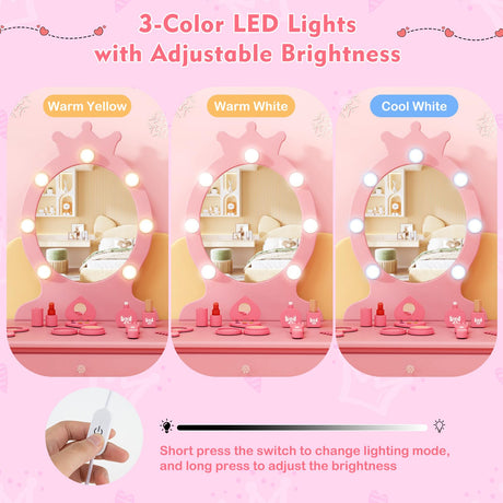 HONEY JOY Kids Vanity Set with LED Lighted Mirror & Stool
