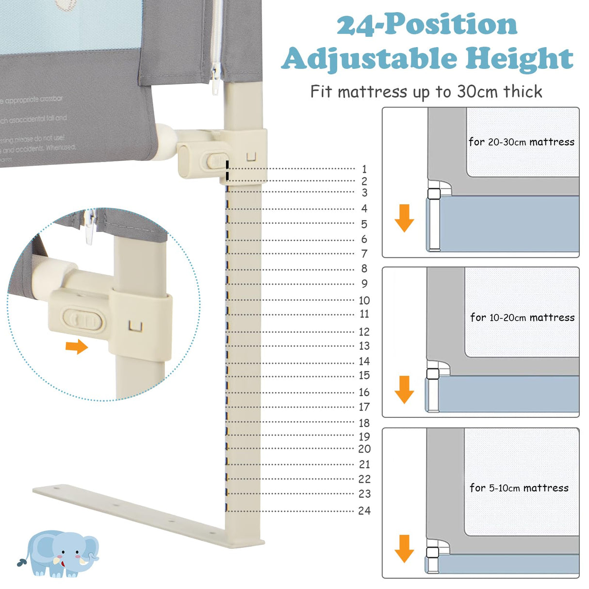 176CM Toddler Bedrail, 72.5-101.5 CM Extra Tall Bed Guardrail w/Anti-Collision Cotton
