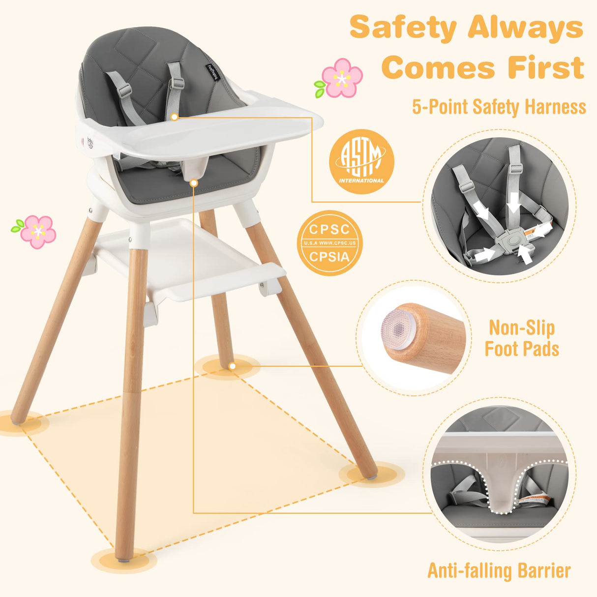 BABY JOY Baby High Chair 6-in-1 Convertible Wooden High Chair with Double Dishwasher Safe Trays