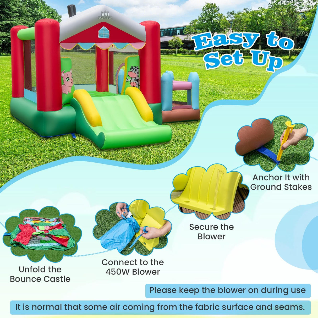 Inflatable Bounce House, 4-in-1 Farm Themed Jumping Castle with Slide