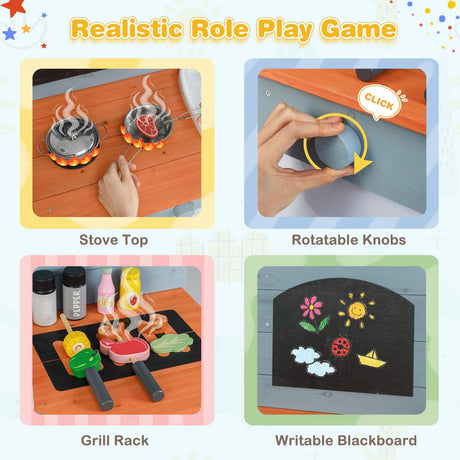 Realistic role play game with stove top, rotatable knobs, grill rack, and writable blackboard.