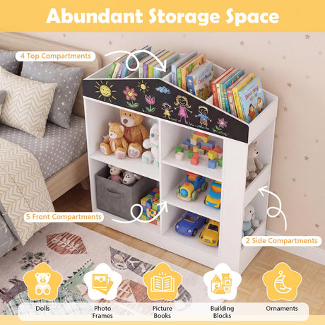 HONEY JOY Kids Toy Storage Box, House Shaped Toy Organiser Cabinet, w/Compartments & Chalkboard