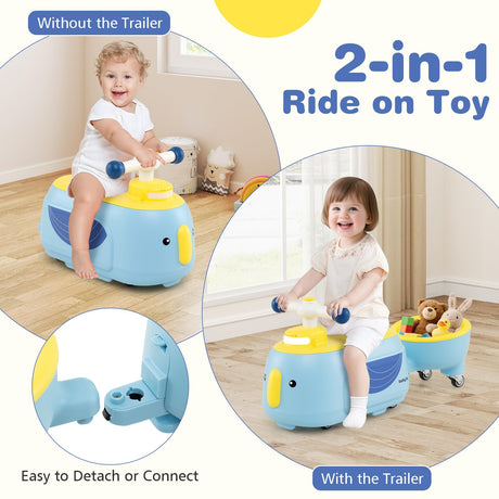2-in-1 ride-on toy with and without trailer, featuring a child using it.