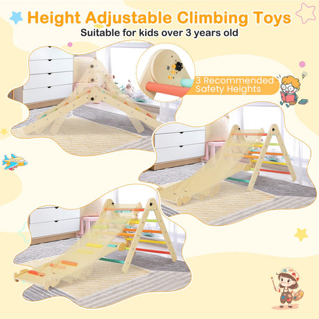HONEY JOY 3-in-1 Foldable Triangular Climbing Toys, Height Adjustable Pikler Triangle & Sliding Set for Toddlers