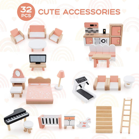 7-Room 3-Tier Doll House w/32PCS Realistic Furniture Accessories