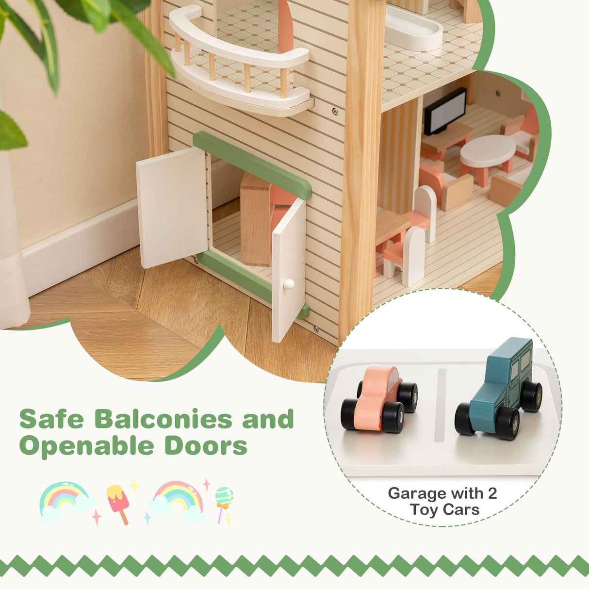 HONEY JOY Wooden Corner Dollhouse Playset, Green Roof Doll House with 34 Pieces of Furniture and Accessories