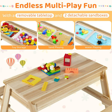 Wooden play table with detachable sandboxes and water play features, colorful toys included.