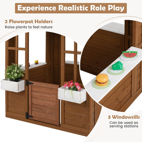 Wooden playhouse with flowerpot holders and windowsills on a white background