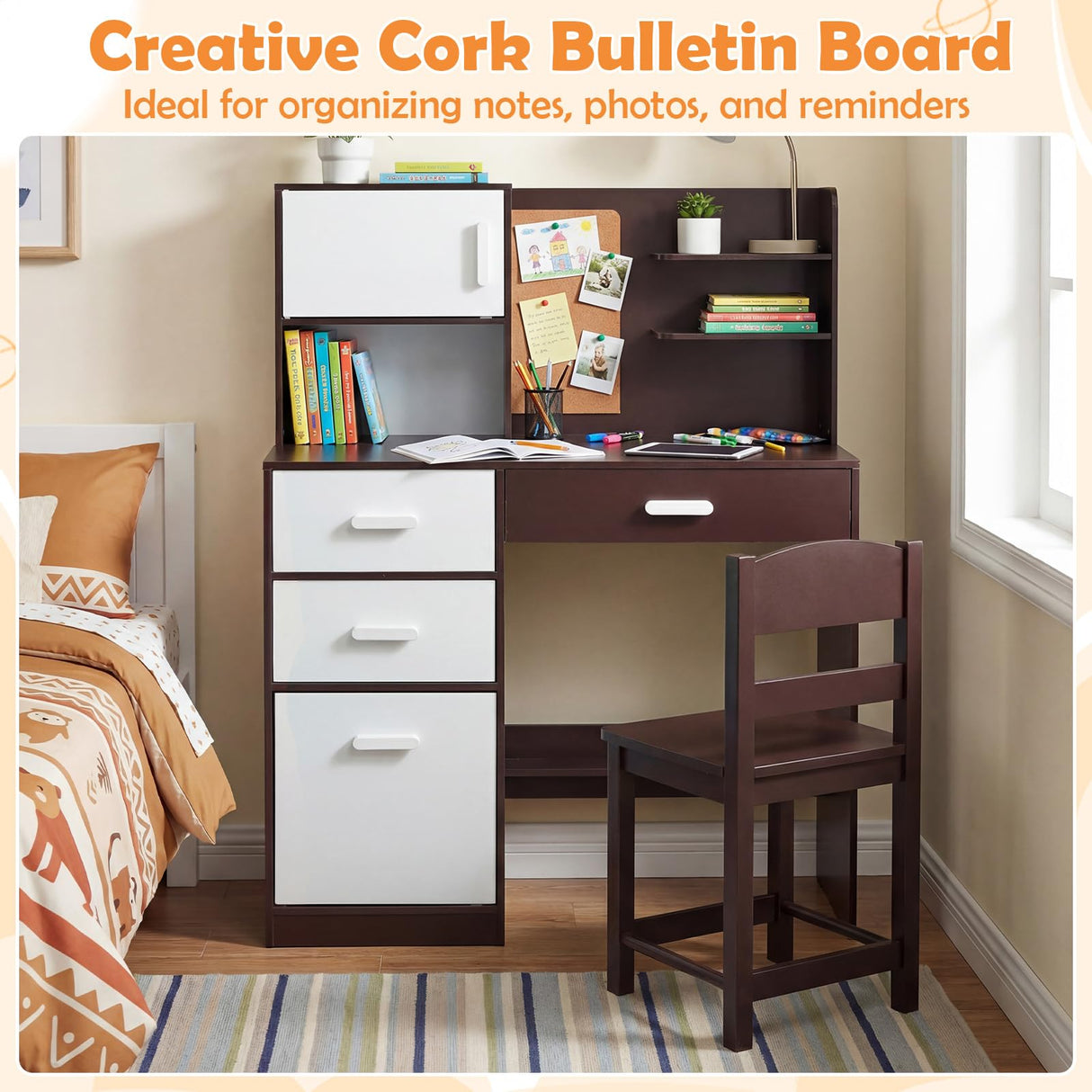 HONEY JOY Kids Desk and Chair Set, Study Table w/Hutch, Bulletin Board