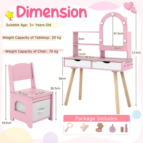 Kids Vanity Set, Pretend Play Dressing Table Set w/3-Color Lighting Modes