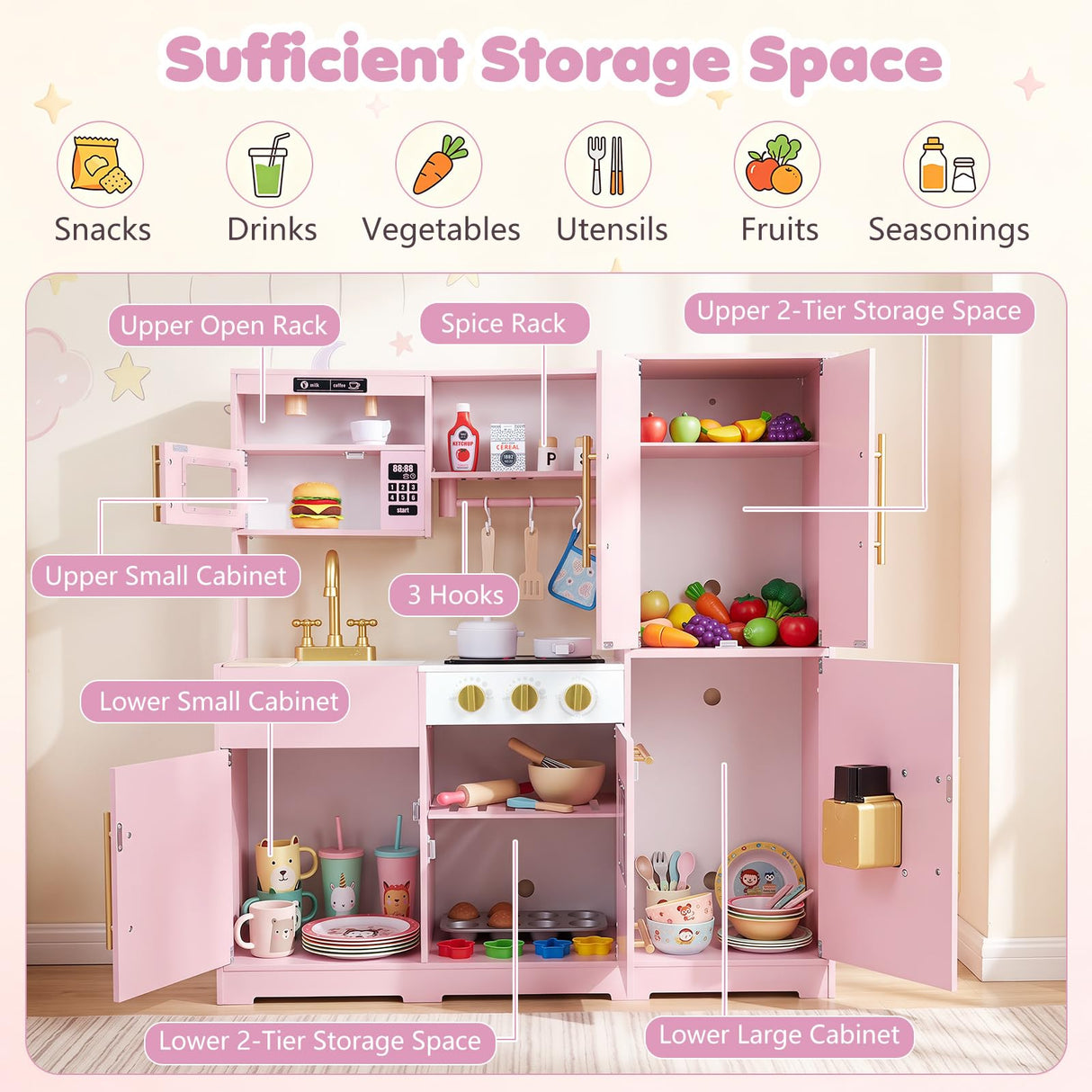 Wooden Play Kitchen with Lights & Sounds and Sink Stove Oven for Kids Ages 3+