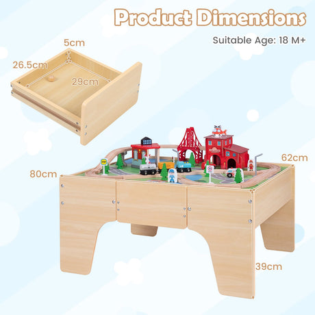HONEY JOY 63-Piece Kids Wooden Train Table w/Storage Drawer