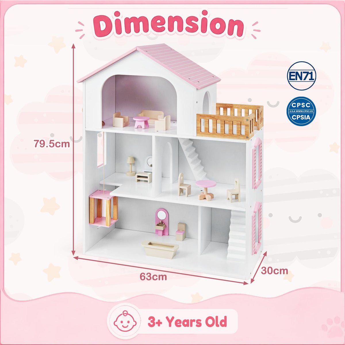 HONEY JOY 3-Story Wooden Dollhouse Playset for Kids