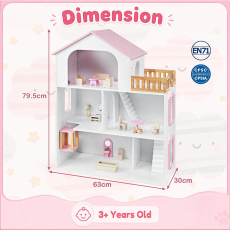 HONEY JOY 3-Story Wooden Dollhouse Playset for Kids