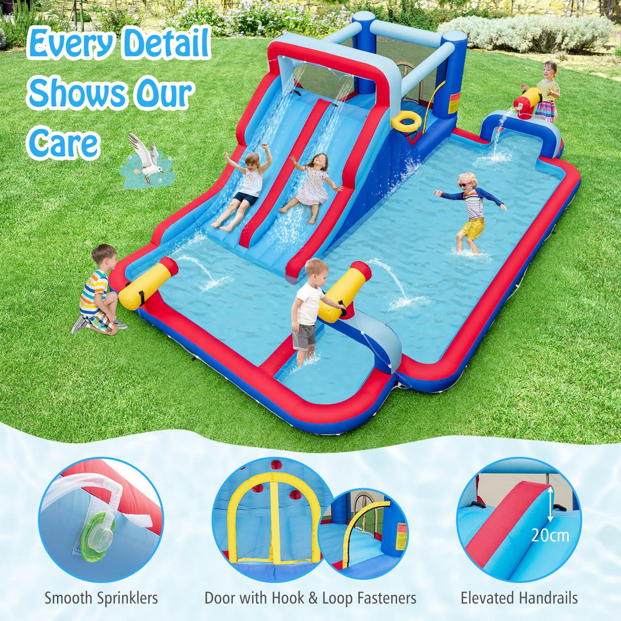 HONEY JOY Water Slide Park, 5-in-1 Inflatable Jumping House w/Dual Slides, Climbing Wall, Splash Pool, Basketball Rim, Water Cannons