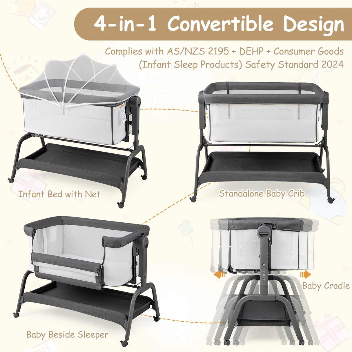 4 in 1 Rocking Baby Bassinet with 6 Adjustable Heights and Storage Basket