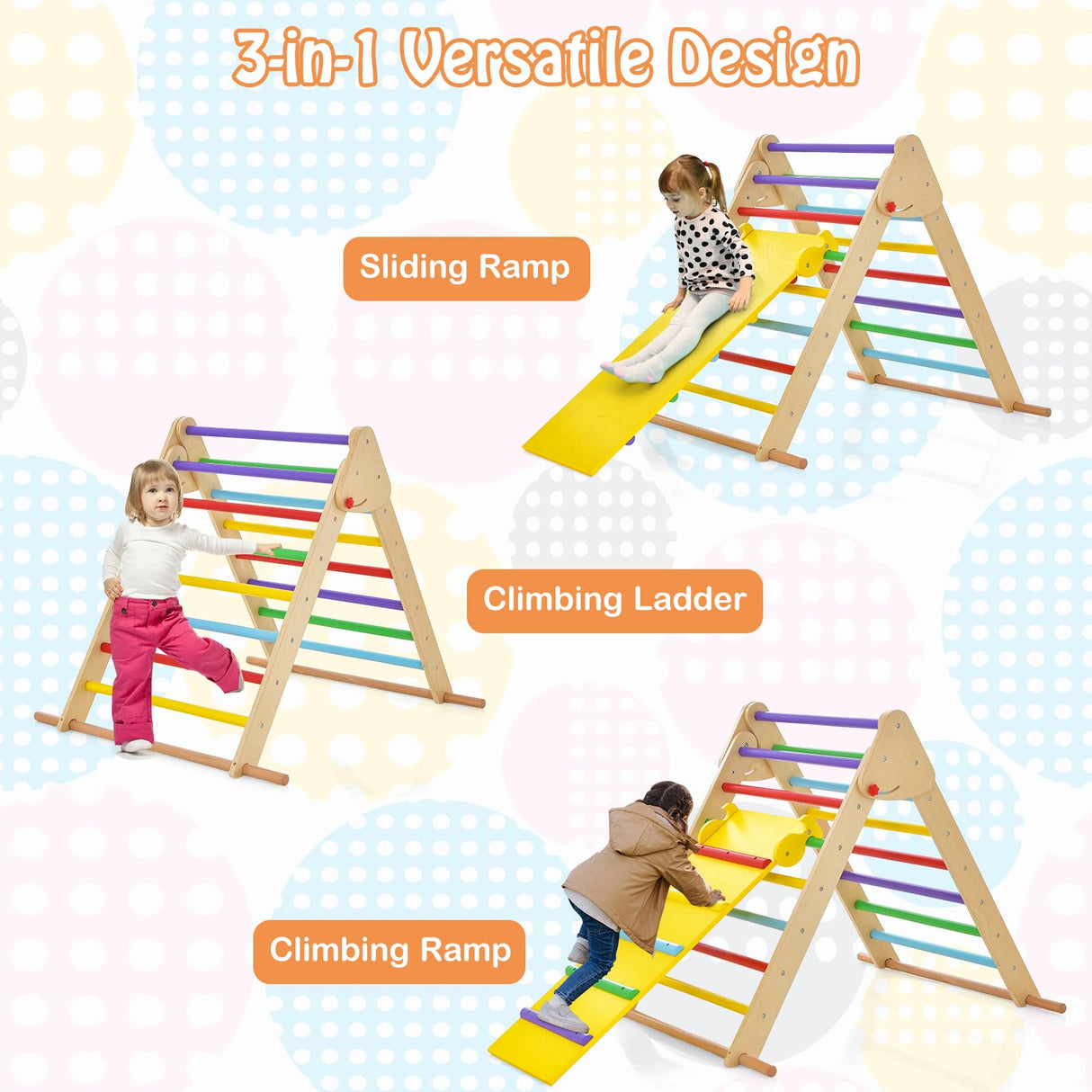HONEY JOY Kids Climbing Triangle Playset, Foldable Climbing Triangle Ladder w/Adjustable & Reversible Ramp