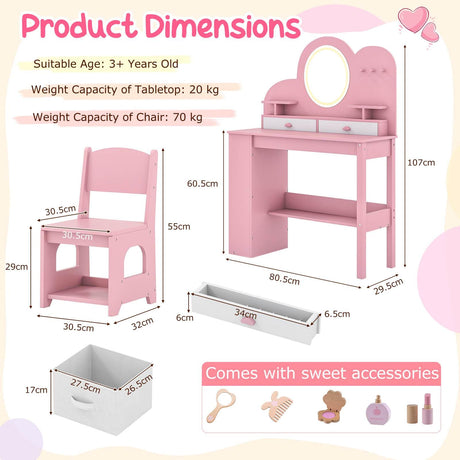 Princess Vanity Table and Chair Set with 2 Drawers