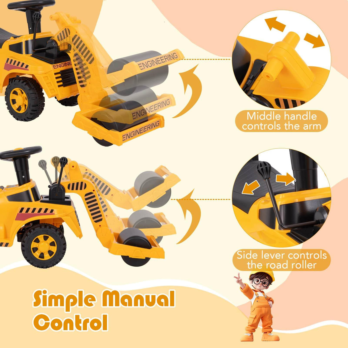 Honey Joy Ride On Road Roller, Toddler Ride On Car with Adjustable Roller