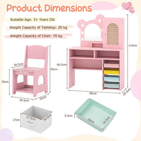 Princess Makeup Dressing Table with 3-Color Lighted Mirror and Cabinet