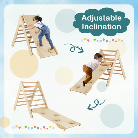 HONEY JOY Wooden Climbing Triangle Ladder for Kids, Children Montessori Triangle Climber with Adjustable Angle’s Ramp for Climb
