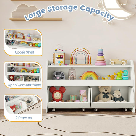 HONEY JOY Kids Toy Storage Box, Children Wooden Bookcase with 2 Movable Drawers