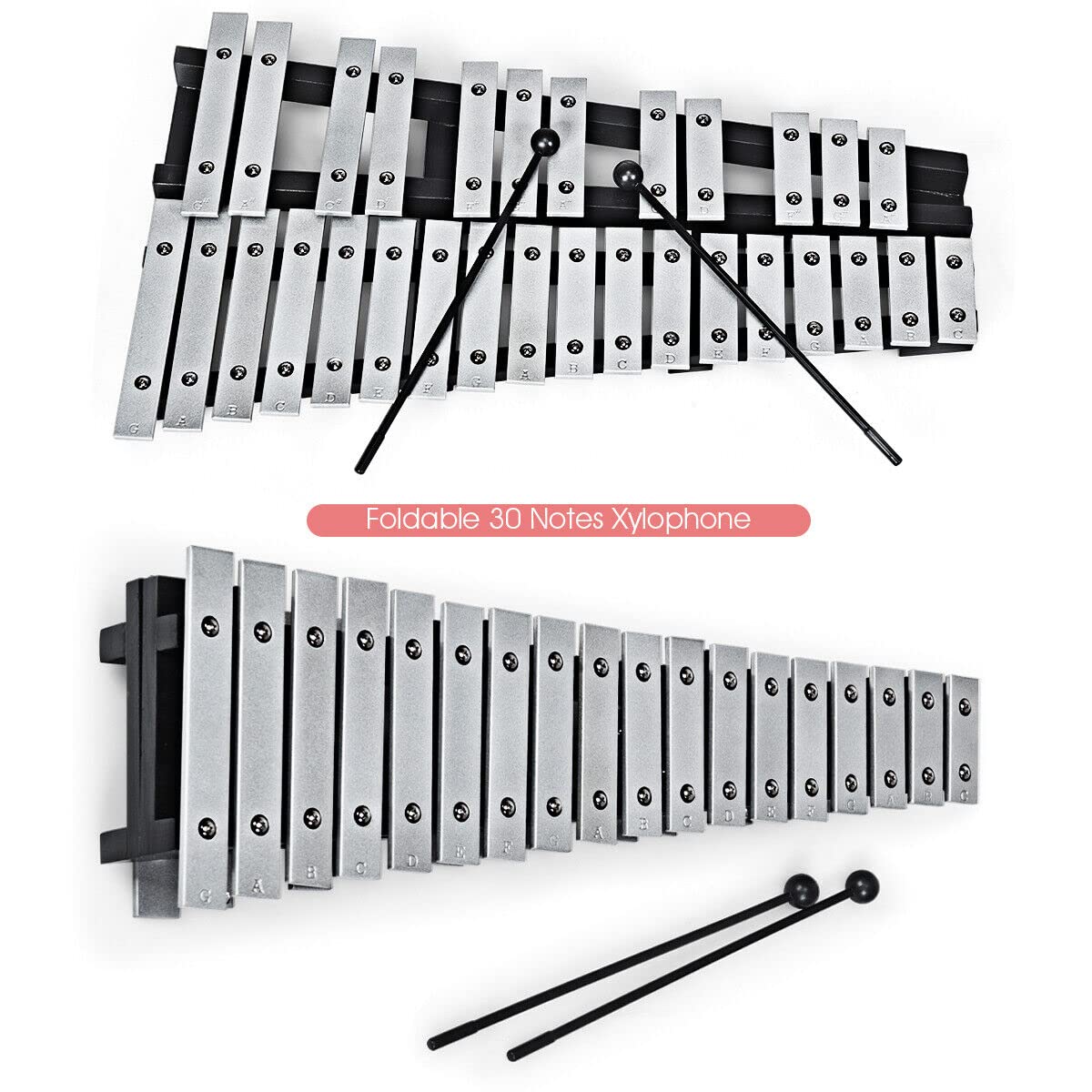 HONEY JOY Kids 30-Note Glockenspiel Xylophone, Foldable Xylophone w/2 Mallets, Shoulder Strap