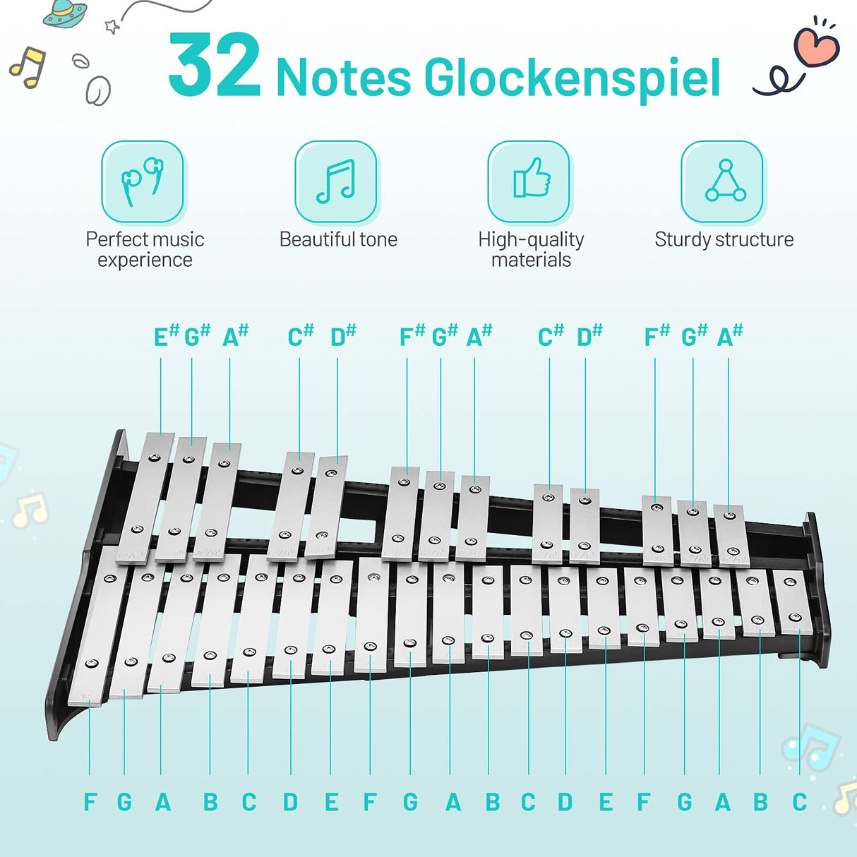 HONEY JOY 32 Note Glockenspiel Xylophone Percussion Bell Kit with Adjustable Stand, 8'' Practice Pad
