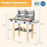 Children's play grill with dimensions and safety certification logos on a white background