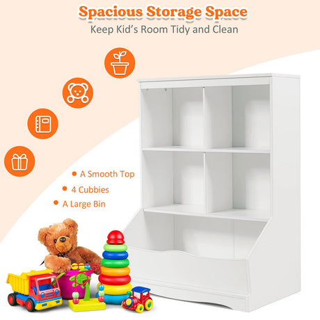 HONEY JOY Kids Bookshelf, 3-Tier Toy Storage Organiser for Children w/4 Open Compartments and 1 Box