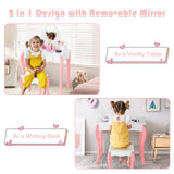 HONEY JOY Kids Vanity and Stool Set, Toddlers Pretend Play Vanity Set w/ 3 Drawers & 360° Rotating Oval Mirror