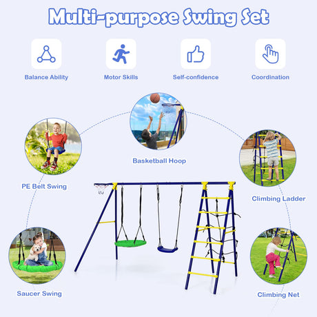 HONEY JOY 5-in-1 Metal Climb and Swing Set with 2 Tree Swings, Climbing Ladder