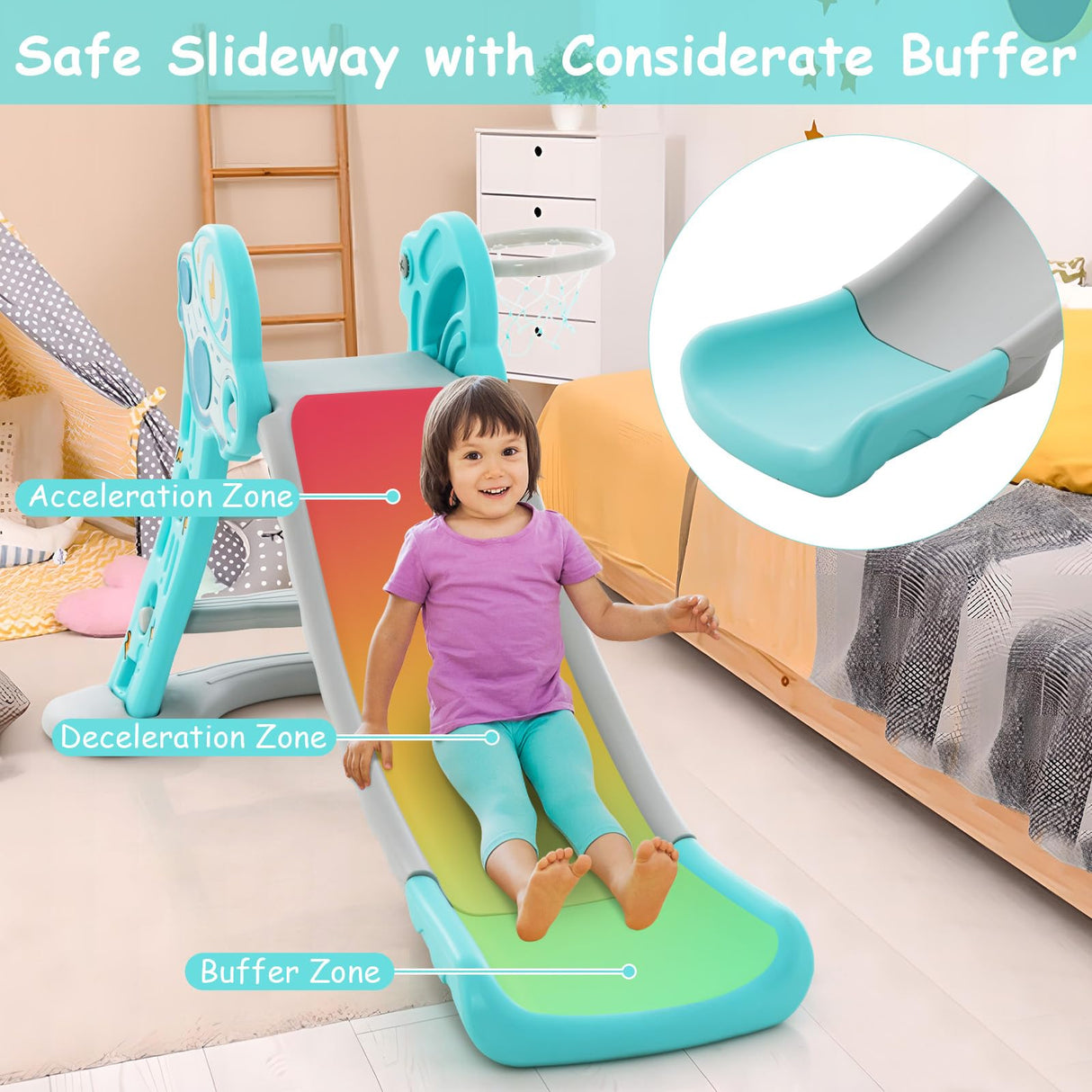 HONEY JOY 3-in-1 Indoor Slide for Kids, Folding Slide Playset with Basketball Hoop & Small Basketball