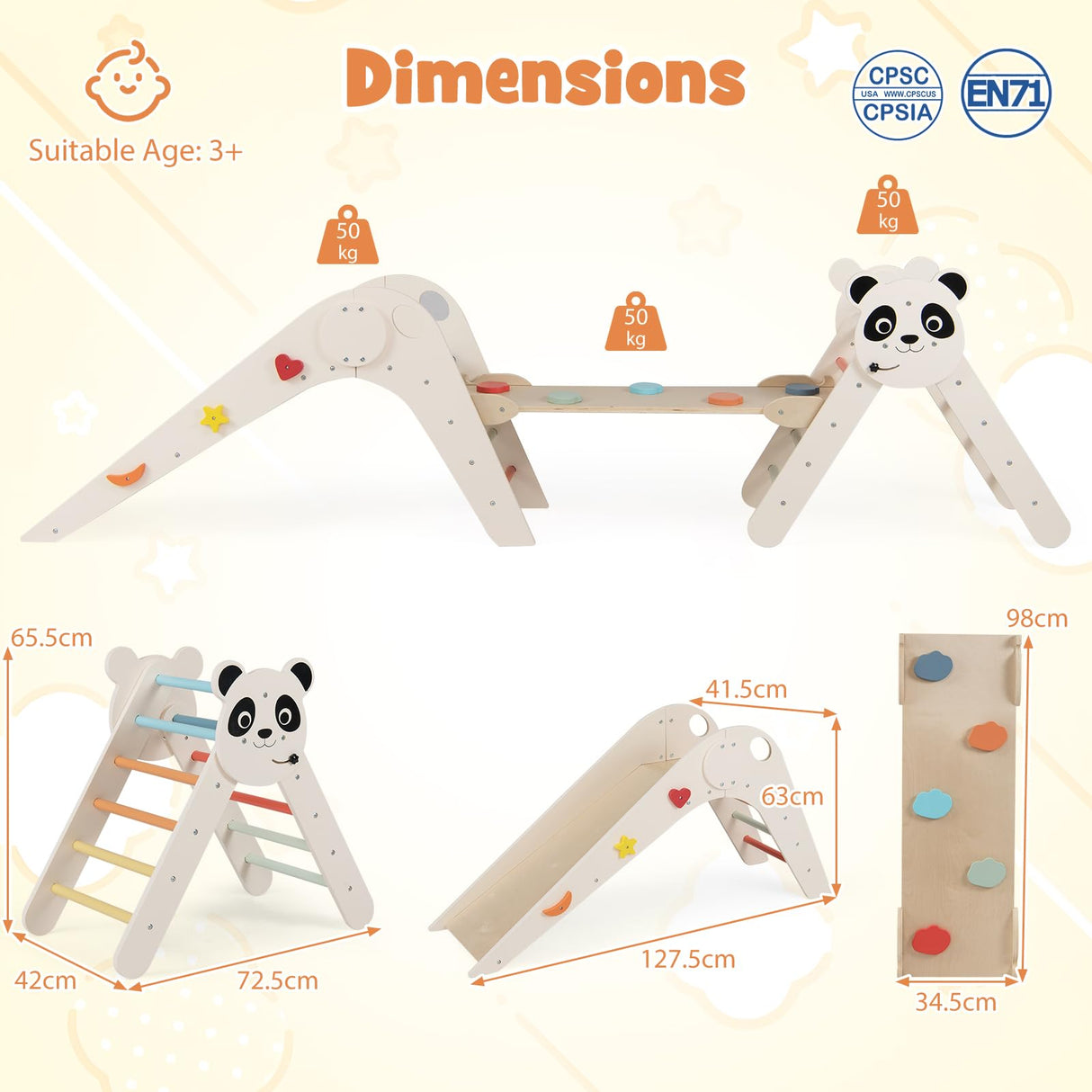 HONEY JOY Kids Triangle Climbing Set, Foldable Panda-Themed Wood Montessori Climbing Set