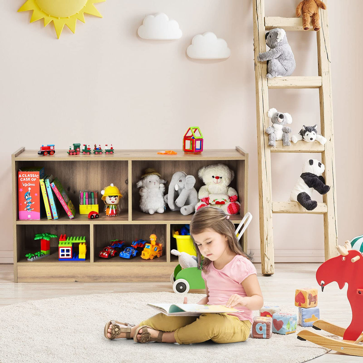 BABY JOY Kids Bookshelf & Toy Shelf, Storage Cabinet w/ 5 Compartments for Organizing Toys, Dolls