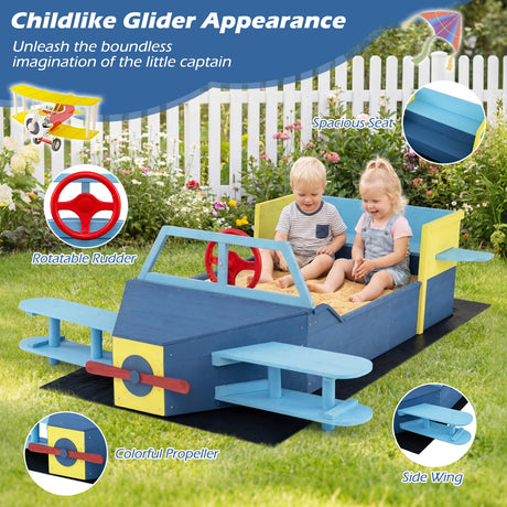 HONEY JOY Glider-Shape Kids Sandpit, Large Wooden Outdoor Sand Box w/Bench Seat